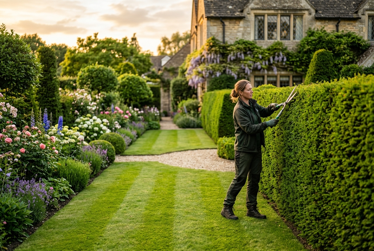 Professional landscaper shaping hedges in a beautiful British garden at golden hour