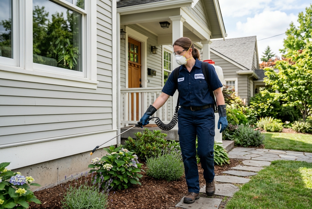Professional pest control technician treating a home exterior