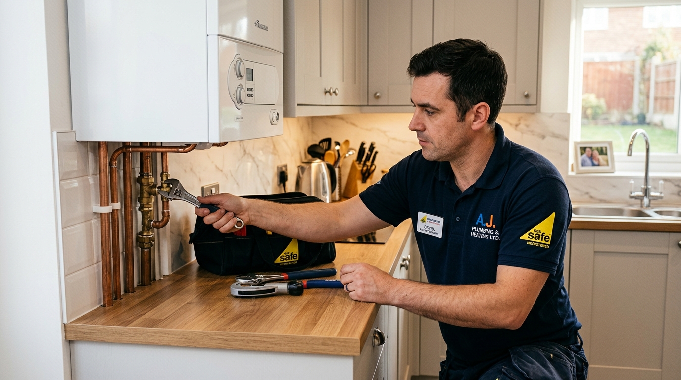 Gas Safe registered heating engineer servicing a modern wall-mounted combi boiler