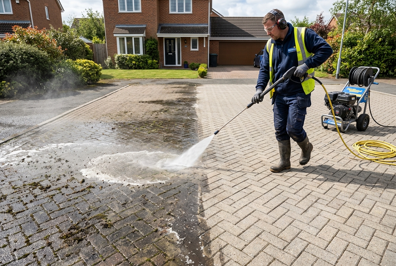 Pressure washing operative cleaning a block paved driveway showing dramatic before-after contrast