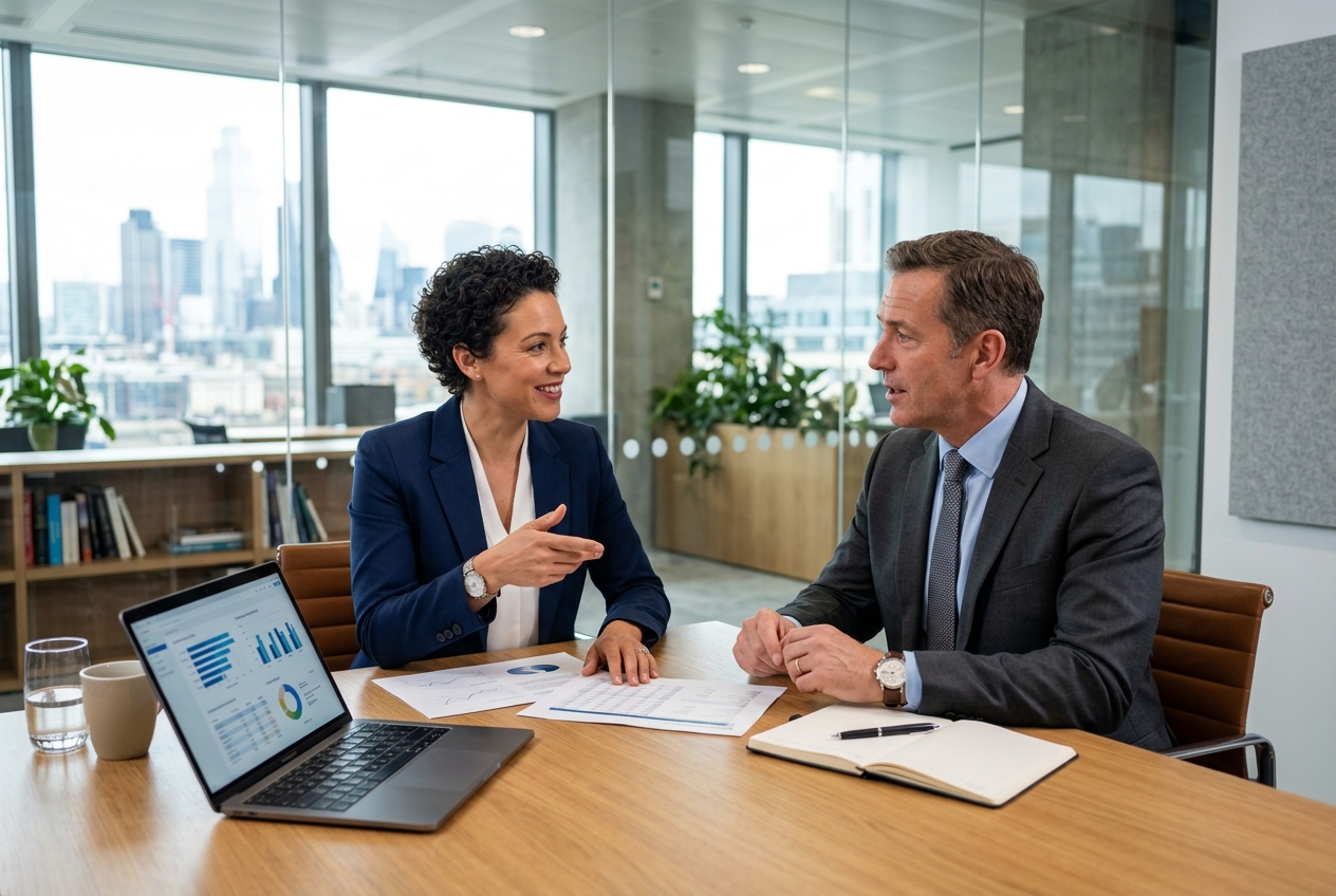 Professional business consultant meeting with a client in a modern London office