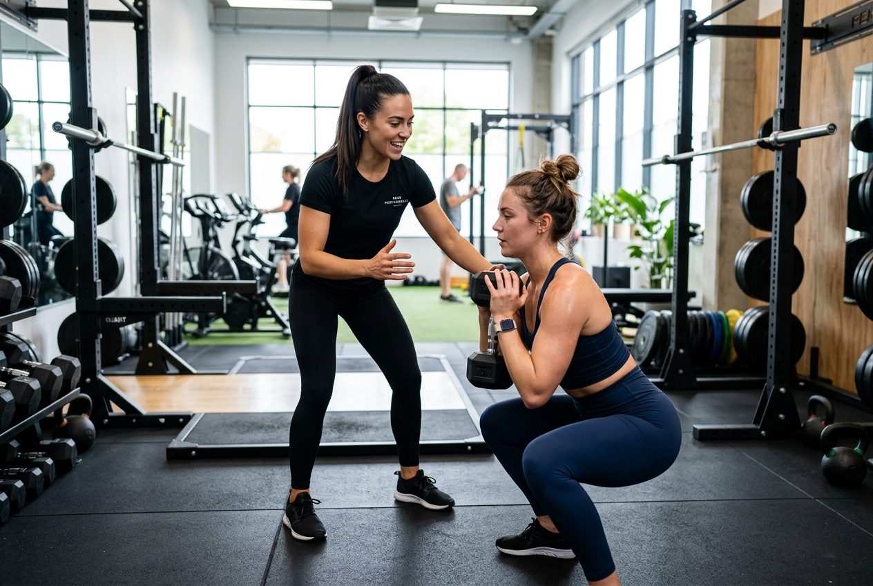 Personal trainer coaching a client in a modern gym studio